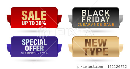 four different sale banner with different color and design isolated white background for Special offer discount poster, flyer, advertisement, billboard agency advertising, information graphics element 122126732