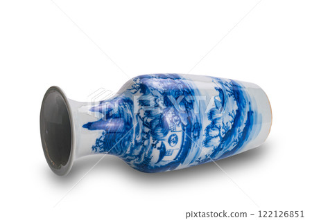Old blue chinese ceramic vase isolated on white background. Old blue chinese ceramic vase isolated on white background. 122126851
