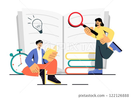 Book Club Vector Illustration featuring a Group of Men and Women Reading Together, Sharing Literature, and Fostering Education and Self-Development 122126888