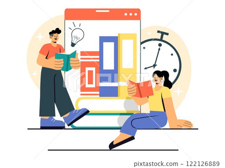 Book Club Vector Illustration featuring a Group of Men and Women Reading Together, Sharing Literature, and Fostering Education and Self-Development 122126889