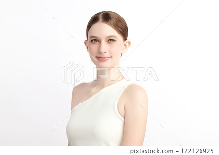 Beautiful young woman with clean fresh skin on white background, Face care, Facial treatment, Cosmetology, beauty and spa, women portrait. 122126925