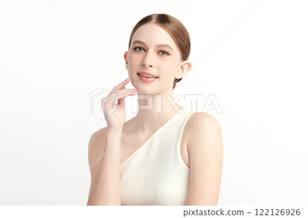 Beautiful young woman with clean fresh skin on white background, Face care, Facial treatment, Cosmetology, beauty and spa, women portrait. 122126926