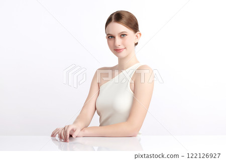 Beautiful young woman with clean fresh skin on white background, Face care, Facial treatment, Cosmetology, beauty and spa, women portrait. Beautiful young woman with clean fresh skin on white background, Face care, Facial treatment, Cosmetology, beauty and spa, women portrait. 122126927