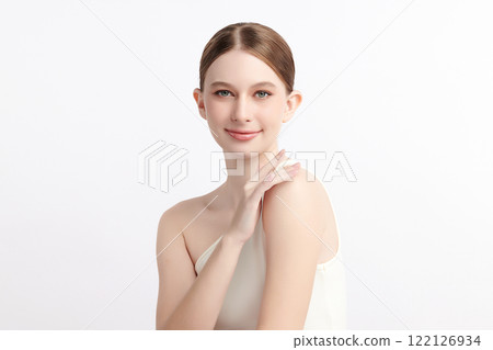 Beautiful young woman with clean fresh skin on white background, Face care, Facial treatment, Cosmetology, beauty and spa, women portrait. 122126934