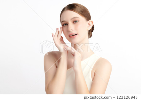 Beautiful young woman with clean fresh skin on white background, Face care, Facial treatment, Cosmetology, beauty and spa, women portrait. 122126943