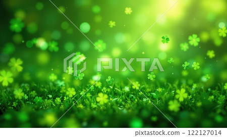Green abstract clover leaves blur background for St. Patrick Day with soft bokeh lights 122127014