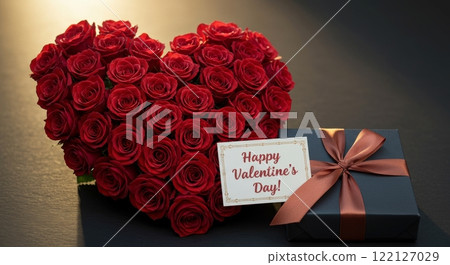 Romantic Heart Shaped Red Roses Bouquet With Gift Box And Happy Valentine's Day Card For Holiday Advertising And Design Of Greetings, Cards 122127029