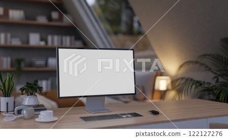 A close-up of a computer desk in a cozy, contemporary bedroom features a computer with a white screen mockup. A close-up of a computer desk in a cozy, contemporary bedroom features a computer with a white screen mockup. 122127276