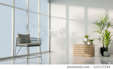 A minimalist simple room featuring an armchair by the large window and decorative indoor plants. 122127284