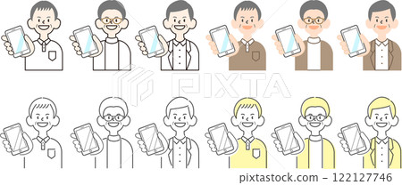 Simple set of 4 elderly man illustrations_smile_smartphone Simple set of 4 elderly man illustrations_smile_smartphone 122127746