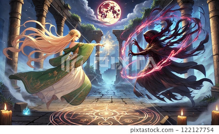 A showdown between a wizard and a dark entity under a full moon 122127754
