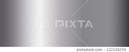 Silver metallic gradient texture. Grey metal foil background. Wide shiny titan or aluminum sheet for label, plate, sign, tag, print. Stainless steel textured material surface. Vector chrome backdrop 122128259