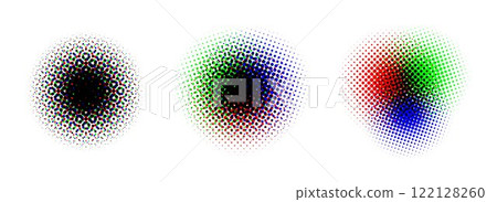 Halftone round background set. RGB color dotted half tone shapes. Grunge ink press splash stains and blots. RGB textured pixelated circle gradient collection. Print production glitch. Vector 122128260