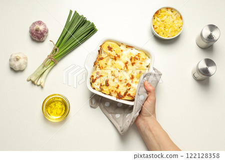 Concept of tasty and delicious homemade food - potato casserole 122128358