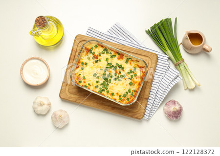 Concept of tasty and delicious homemade food - potato casserole 122128372