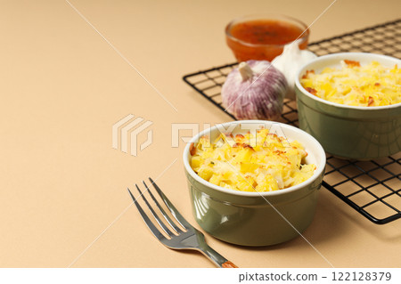 Concept of tasty and delicious homemade food - potato casserole 122128379