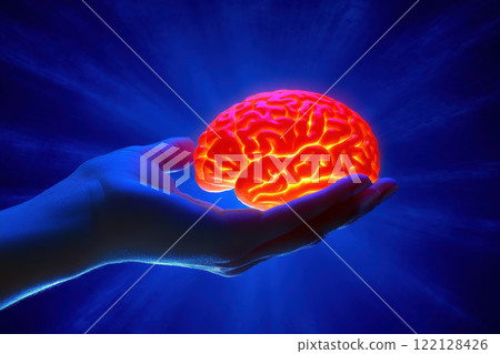 Human holding futuristic glowing brain innovation concept. generative ai 122128426