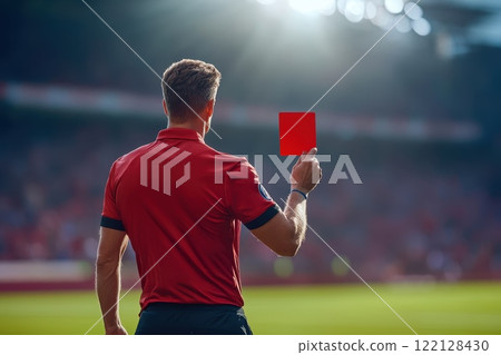 Referee showing a red card to a displeased football or soccer player while gaming. Concept of sport, rules violation, controversial issues, obstacles overcoming. 122128430