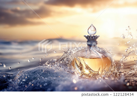 A stunning glass perfume bottle surrounded by splashes of water, showcasing elegance and freshness in a serene atmosphere. 122128434
