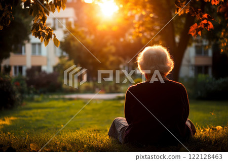 back of view of lonely old woman sitting with sun light flare on background. 122128463