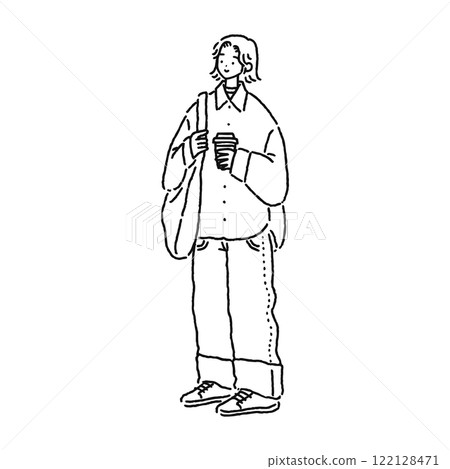 Woman wearing an oversized shirt, line drawing 122128471