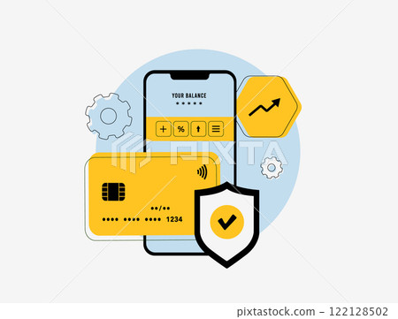 Neobank fintech mobile banking, digital wallet, credit card security, and financial analytics. Features online transactions, secure payments, account management, and innovative financial solutions 122128502
