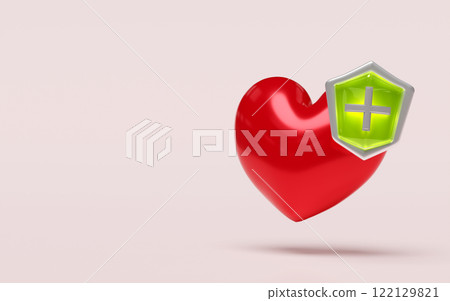 heart shape green with protective shield isolated on pink background. 3d illustration render heart shape green with protective shield isolated on pink background. 3d illustration render 122129821