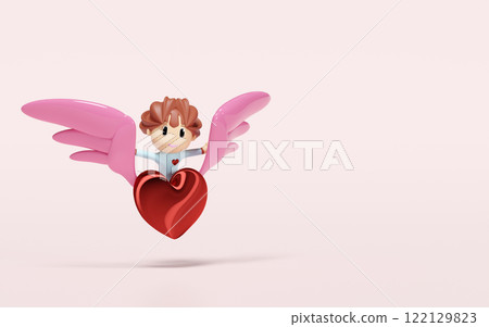 girl riding winged red heart isolated on pink background. happy valentine's day concept, 3d illustration render girl riding winged red heart isolated on pink background. happy valentine's day concept, 3d illustration render 122129823