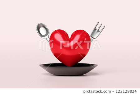 red heart in black plate with spoon,fork isolated on pink background. happy valentine's day concept, 3d illustration render red heart in black plate with spoon,fork isolated on pink background. happy valentine's day concept, 3d illustration render 122129824