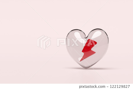 glass heart attack with red thunderbolt isolated on pink background. happy valentine's day concept, 3d illustration render 122129827
