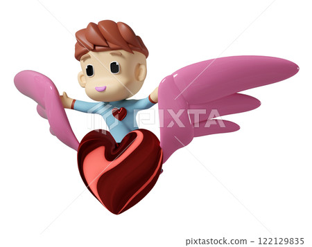 boy riding winged red heart isolated. happy valentine's day concept, 3d illustration render boy riding winged red heart isolated. happy valentine's day concept, 3d illustration render 122129835