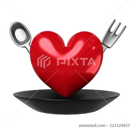 red heart in black plate with spoon, fork isolated. happy valentine's day concept, 3d illustration render red heart in black plate with spoon, fork isolated. happy valentine's day concept, 3d illustration render 122129837