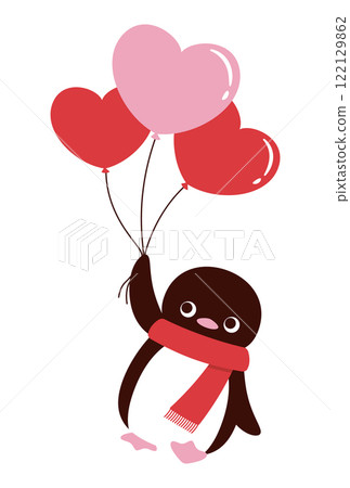 Valentine's Day illustration of a penguin holding a heart-shaped balloon flying in the sky 122129862
