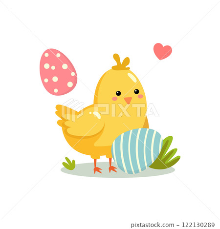 Baby chick with easter eggs. Happy Easter concept. Cute cartoon Baby chick with easter eggs. Happy Easter concept. Cute cartoon 122130289