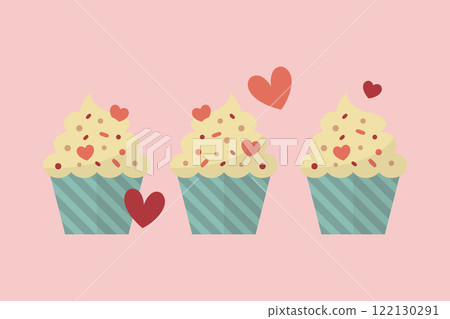 Hearts with cupcakes. Playful valentines scene. Hearts with cupcakes. Playful valentines scene. 122130291