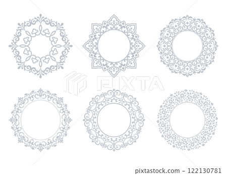 Set of decorative frames Elegant vector element for design in Eastern style, place for text. Floral gray and white borders. Lace illustration for invitations and greeting cards 122130781