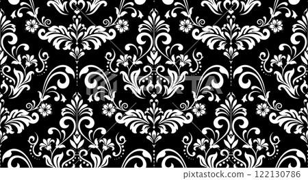 Floral pattern. Vintage wallpaper in the Baroque style. Seamless vector background. White and black ornament for fabric, wallpaper, packaging. Ornate Damask flower ornament. Floral pattern. Vintage wallpaper in the Baroque style. Seamless vector background. White and black ornament for fabric, wallpaper, packaging. Ornate Damask flower ornament. 122130786