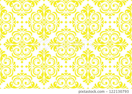 Floral pattern. Vintage wallpaper in the Baroque style. Seamless vector background. White and yellow ornament for fabric, wallpaper, packaging. Ornate Damask flower ornament 122130793