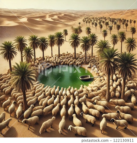 Illustration of a desert oasis where sheep gather Illustration of a desert oasis where sheep gather 122130911