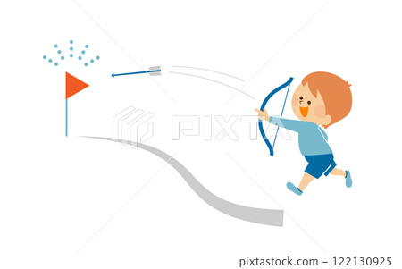 Illustration of a child aiming at a target with a bow and arrow 122130925