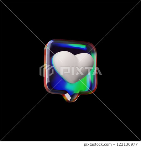 3D glossy glass holographic speech bubble with heart sign vector icon, feedback dialogue cloud, like emoji, love symbol 3D glossy glass holographic speech bubble with heart sign vector icon, feedback dialogue cloud, like emoji, love symbol 122130977