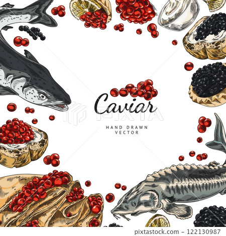 Illustration of a round frame with fish, red and black caviar on a sandwich, pancakes and tartlets. 122130987