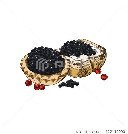Watercolor sketch of gourmet black caviar appetizer on sandwich and tartlet, hand drawn vector. Watercolor sketch of gourmet black caviar appetizer on sandwich and tartlet, hand drawn vector. 122130990