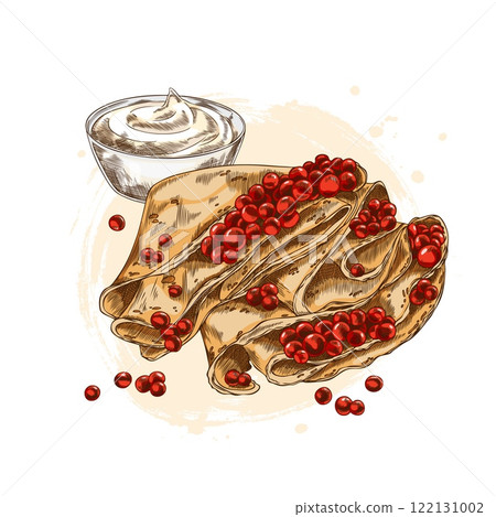 Pancake with red caviar heap and sour cream vector hand drawn illustration, sea food, natural delicacy appetizer, snack 122131002