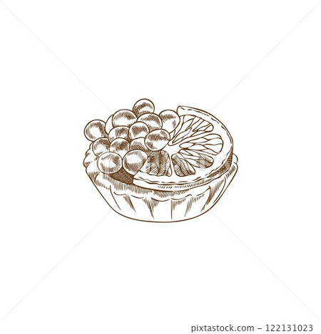 Monochrome Illustration of red or black caviar with lemon on a tartlet. 122131023
