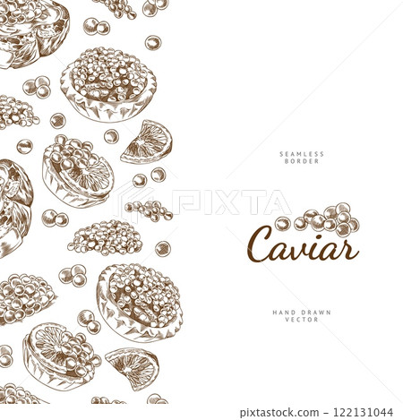 Seamless frame outline illustration of sandwich and tartlet with caviar and lemon. 122131044