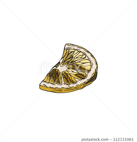 Vector illustration of a hand drawn lemon wedge on an isolated background. 122131061