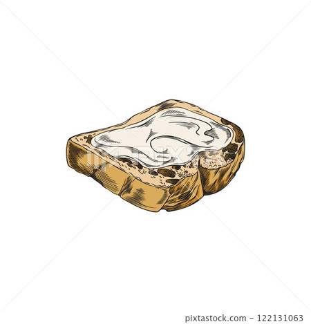 Buttered bread slice hand drawn vector, butter on toast sketch, spread margarine on bread breakfast cooking, sandwich 122131063