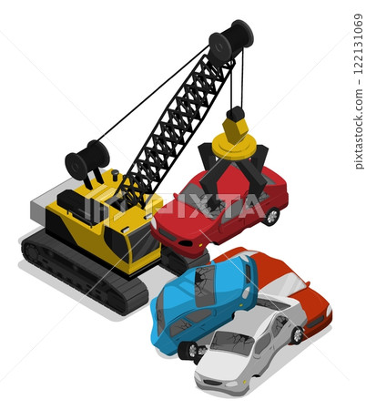 Isometric junkyard crane loader stacks wrecked cars in pile at car dump. Preparation of unnecessary auto junk for recycling. Aerial view 3D vector isolated on white background Isometric junkyard crane loader stacks wrecked cars in pile at car dump. Preparation of unnecessary auto junk for recycling. Aerial view 3D vector isolated on white background 122131069