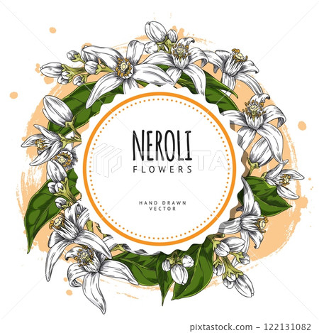 Vector round frame with white flowers of a jungle, in the style of a sketch 122131082